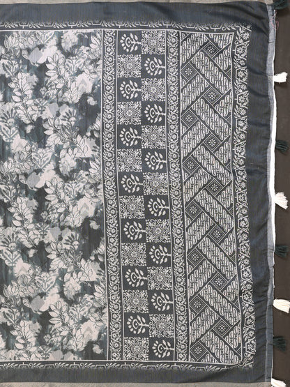 Slate Grey Floral Chanderi Cotton Saree with Printed Pallu for Women