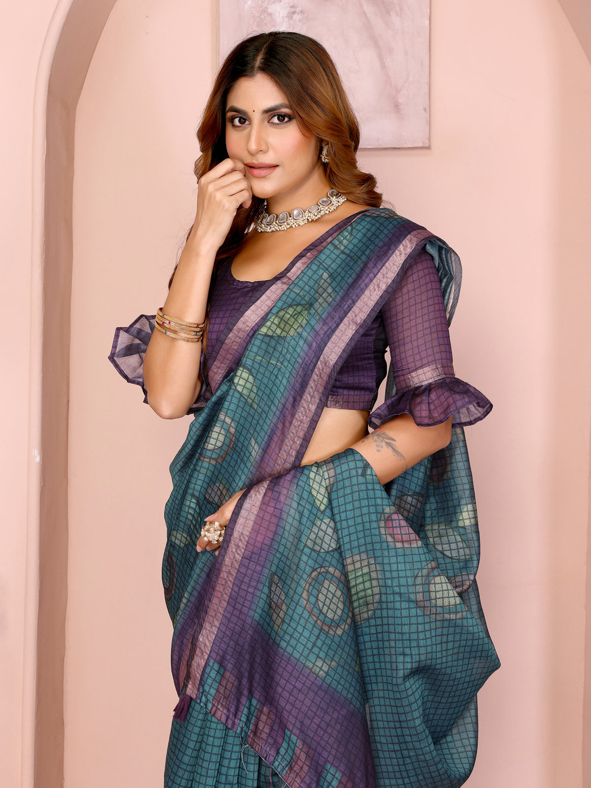 Black Chanderi Cotton Saree with Contemporary Checked Weave for Women