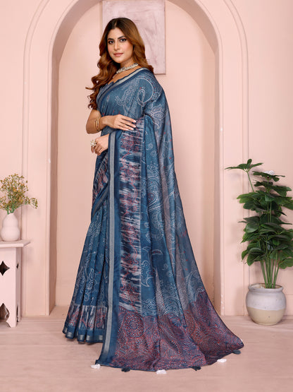 Indigo Chanderi Cotton Saree with Paisley Print &amp; Border for Women