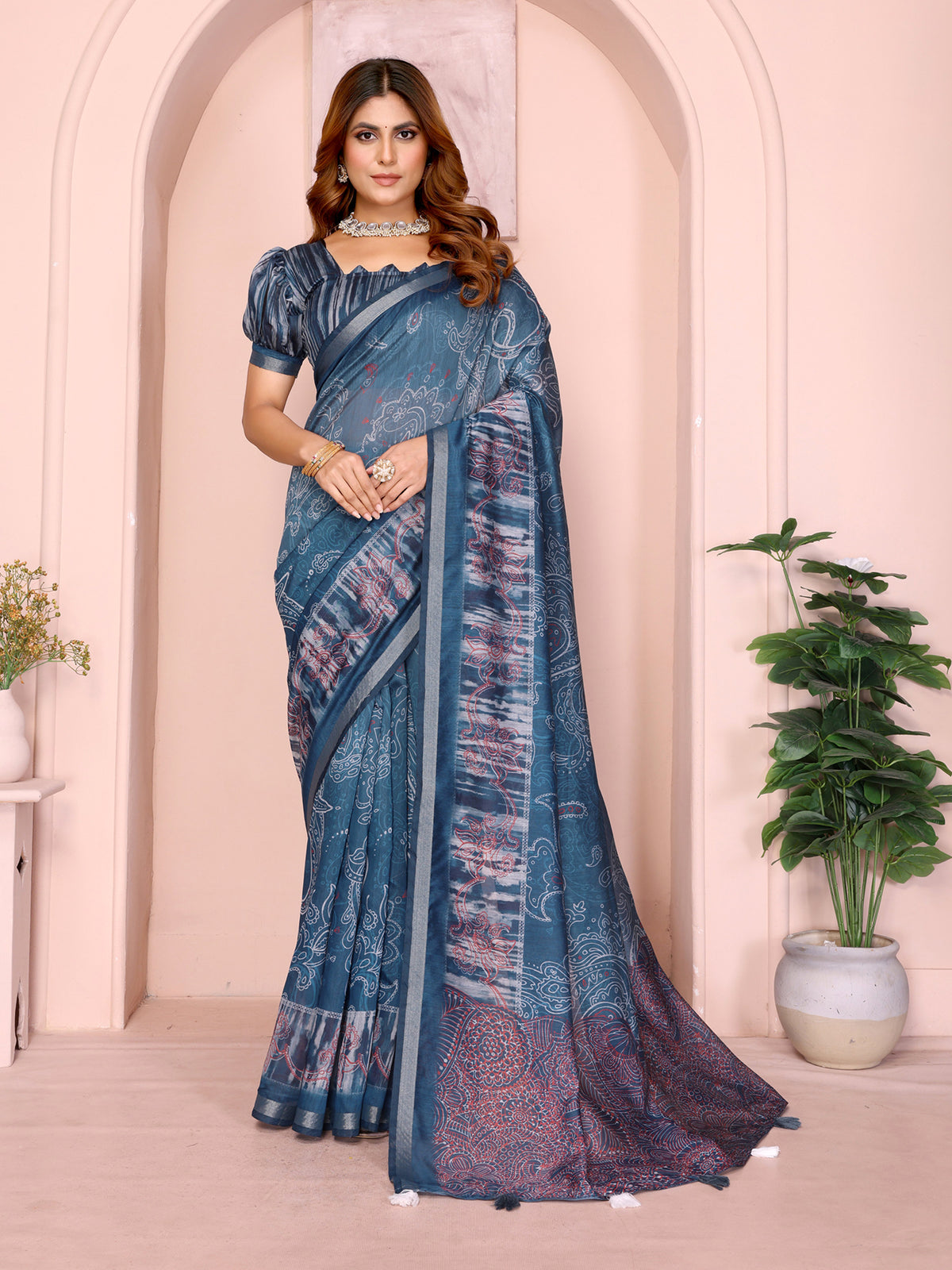 Indigo Chanderi Cotton Saree with Paisley Print &amp; Border for Women
