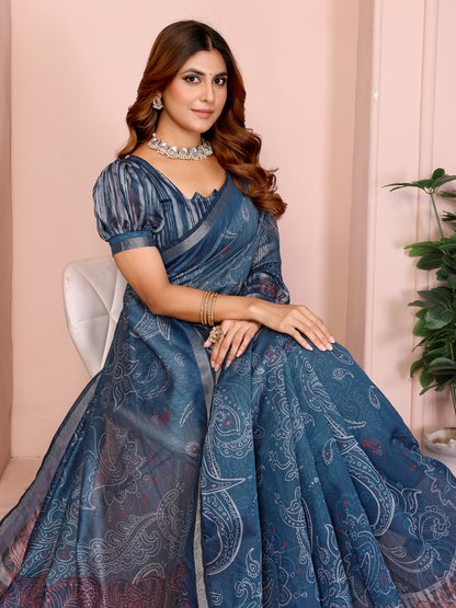 Indigo Chanderi Cotton Saree with Paisley Print &amp; Border for Women