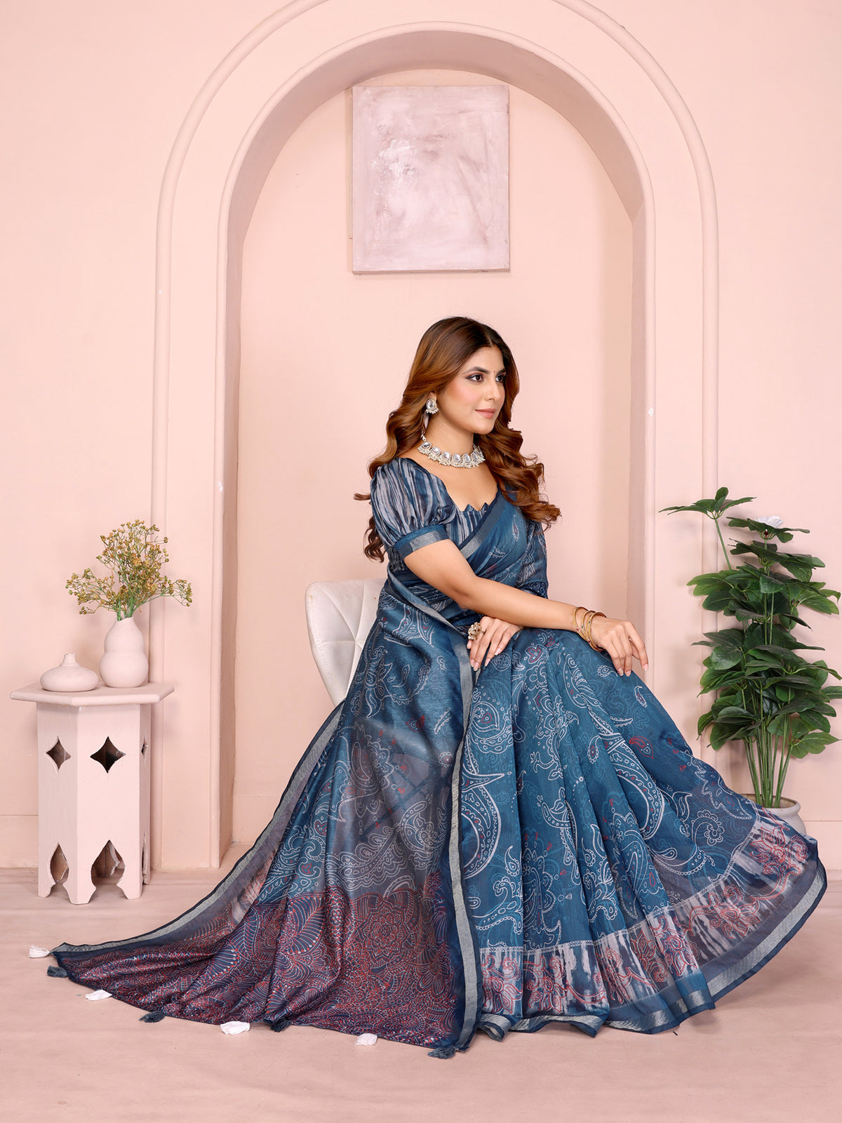 Indigo Chanderi Cotton Saree with Paisley Print &amp; Border for Women