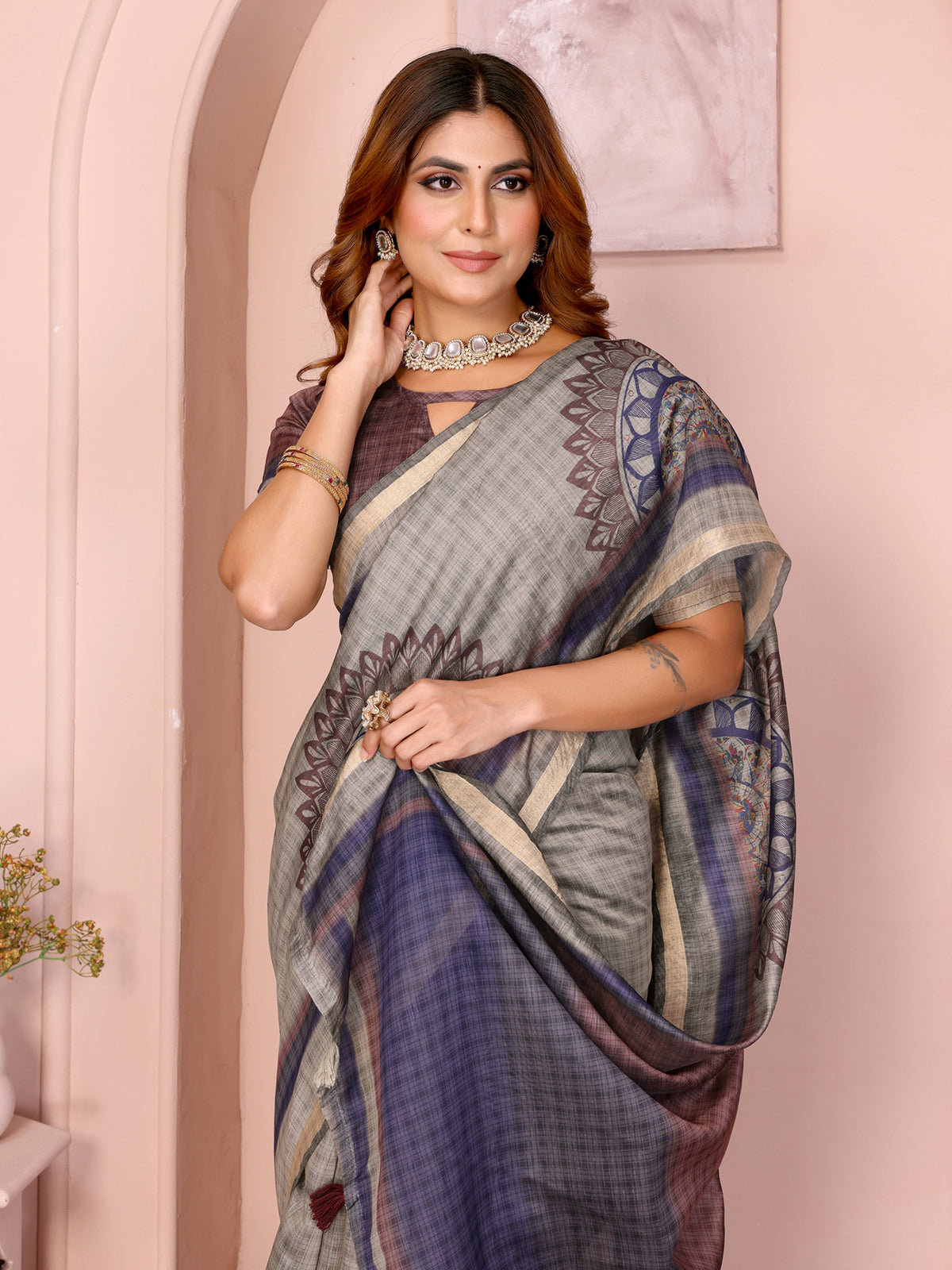 Taupe Chanderi Cotton Saree with Botanical Border Detailing for Women