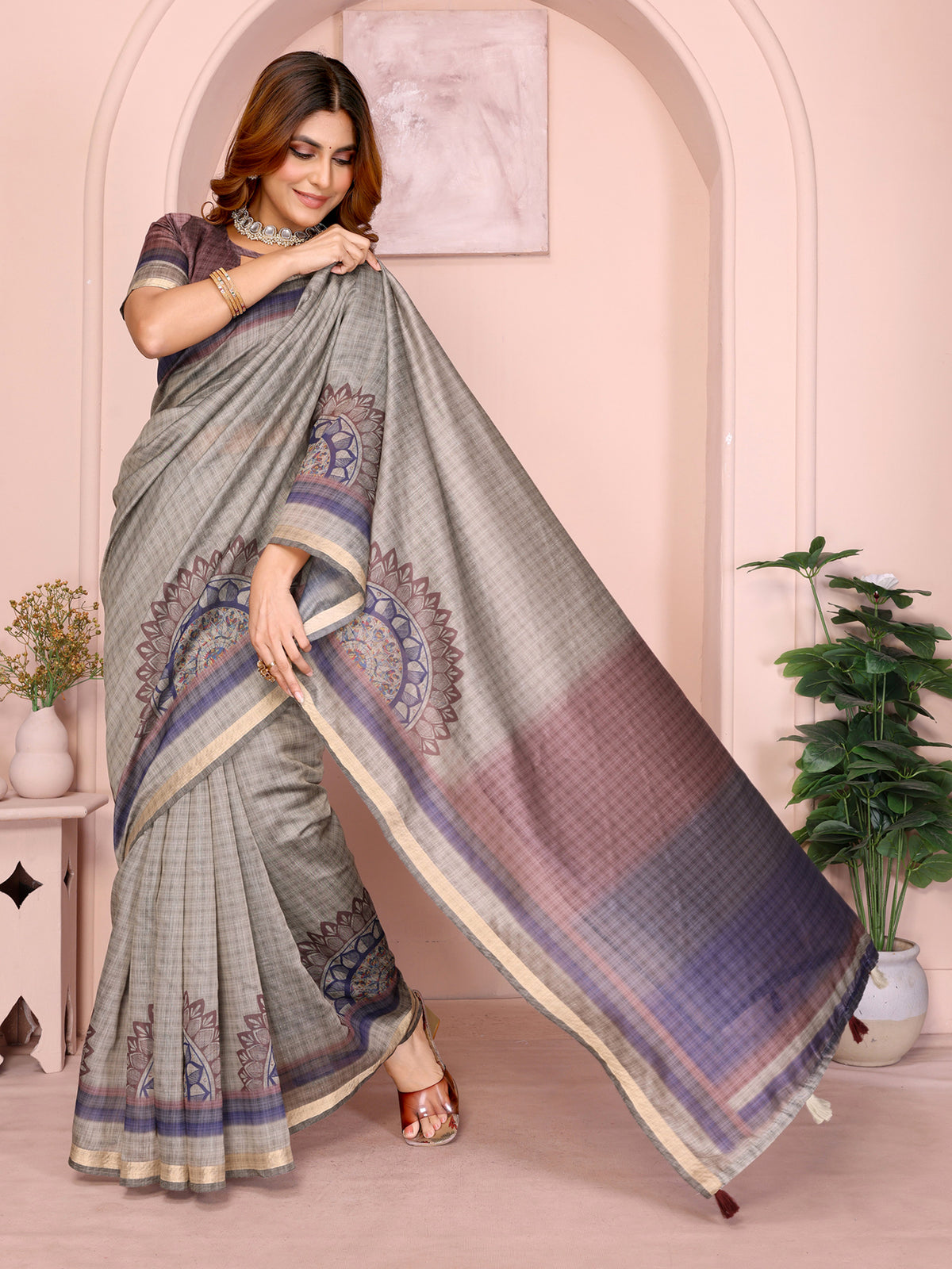 Taupe Chanderi Cotton Saree with Botanical Border Detailing for Women