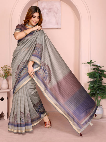 Taupe Chanderi Cotton Saree with Botanical Border Detailing for Women