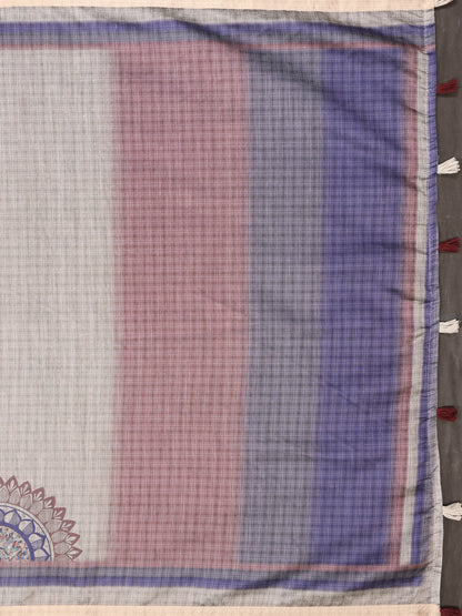 Taupe Chanderi Cotton Saree with Botanical Border Detailing for Women