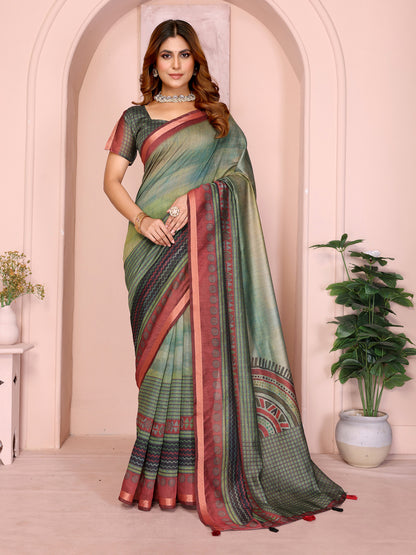 Olive Black Chanderi Cotton Saree with Geometric Border for Women