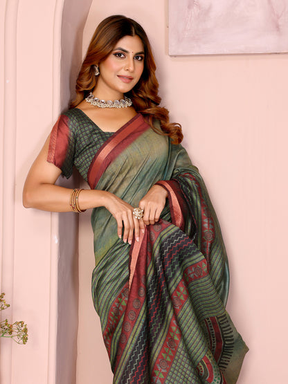 Olive Black Chanderi Cotton Saree with Geometric Border for Women