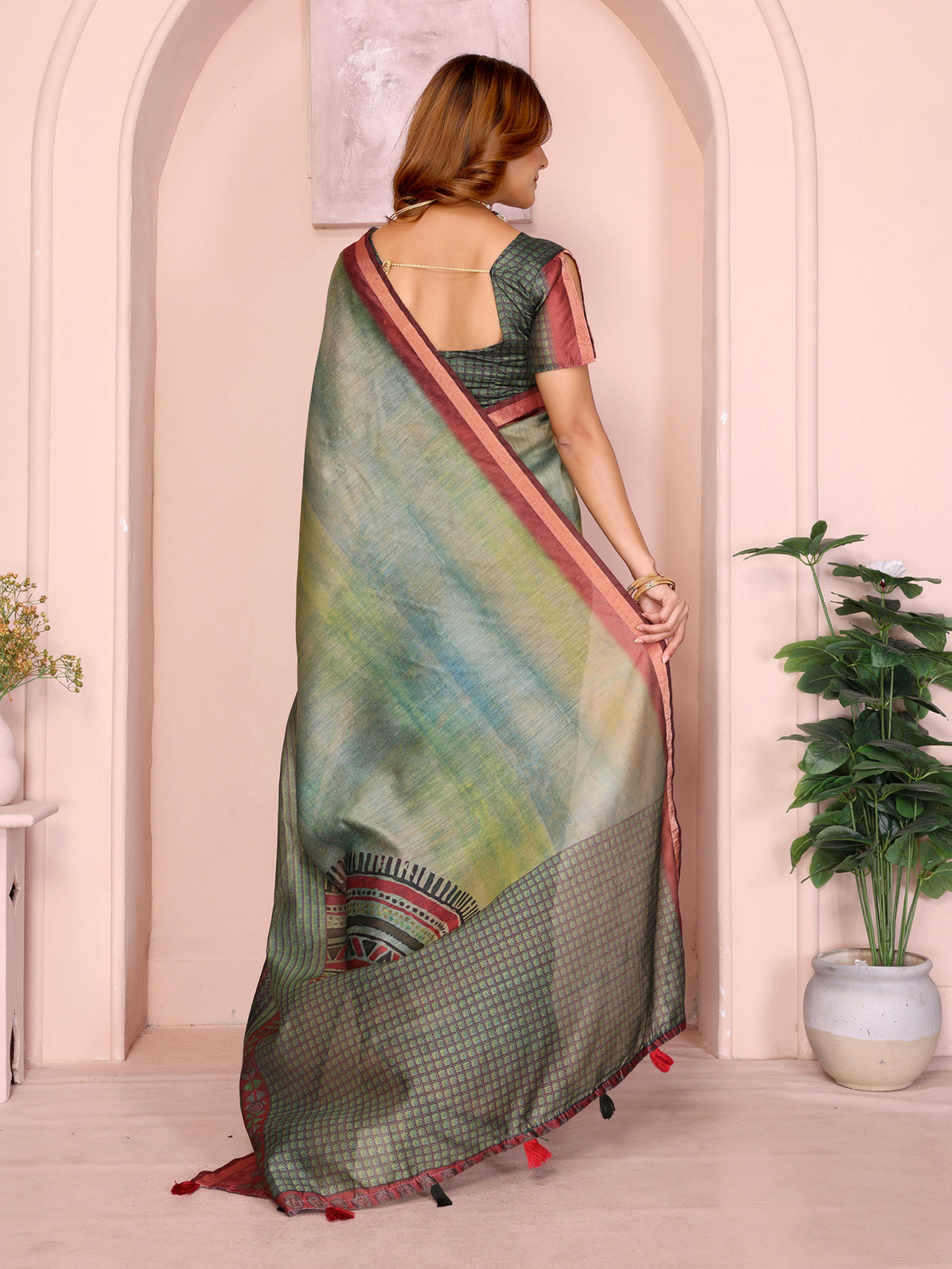 Olive Black Chanderi Cotton Saree with Geometric Border for Women