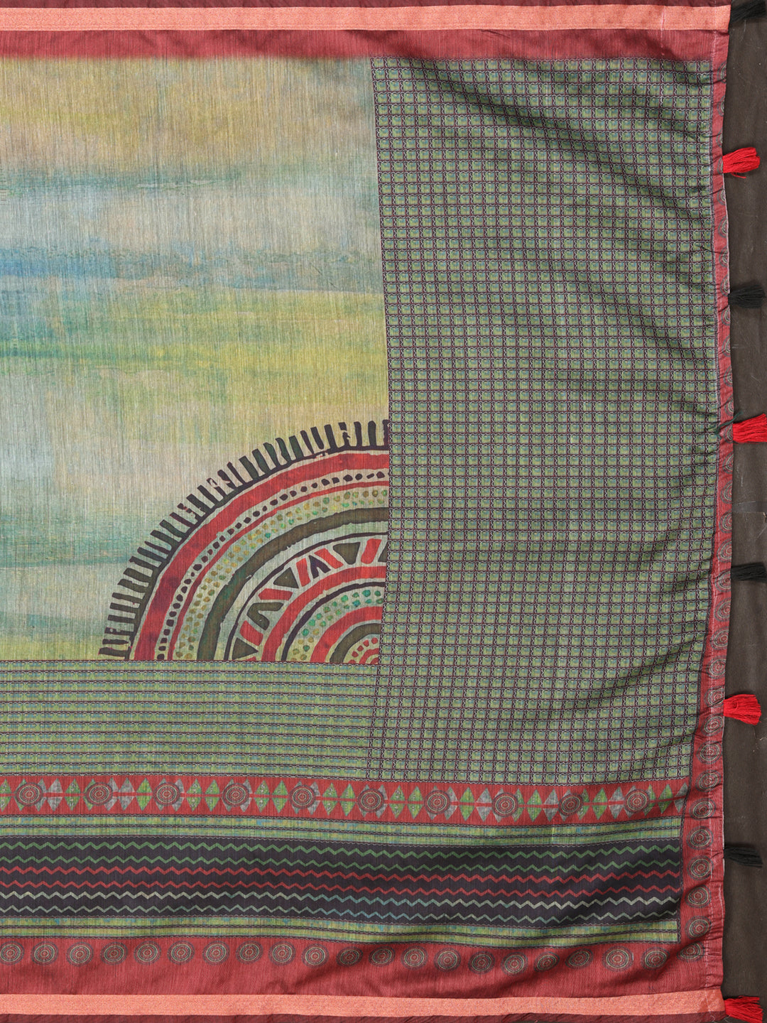 Olive Black Chanderi Cotton Saree with Geometric Border for Women