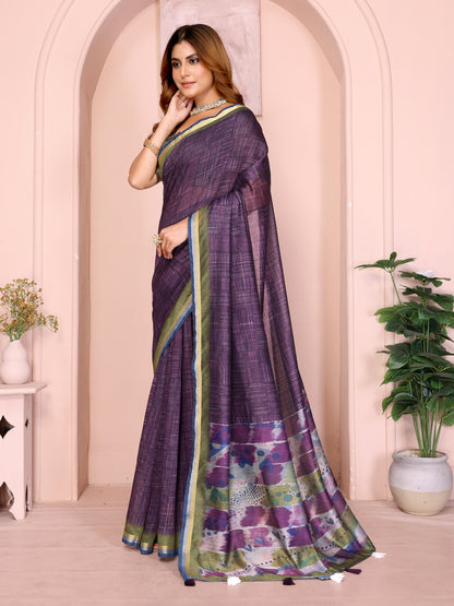 Purple Chanderi Cotton Saree with Printed Pallu and Borders for Women