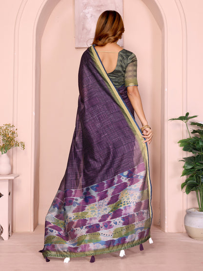 Purple Chanderi Cotton Saree with Printed Pallu and Borders for Women