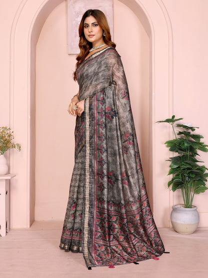 Charcoal Chanderi Cotton Saree with Maroon Floral Detailing for Women
