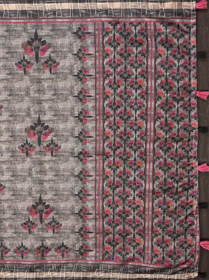 Charcoal Chanderi Cotton Saree with Maroon Floral Detailing for Women
