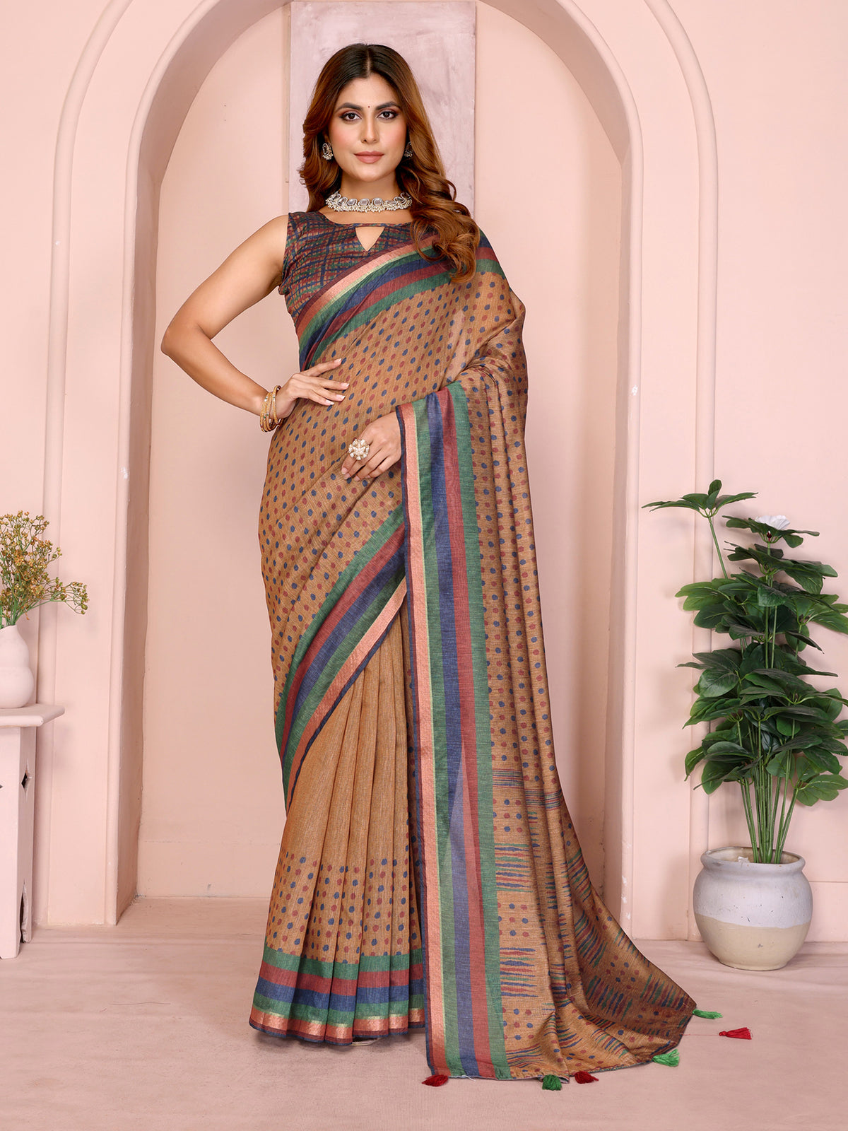 Mustard Brown Chanderi Cotton Saree with Polka Print Border for Women