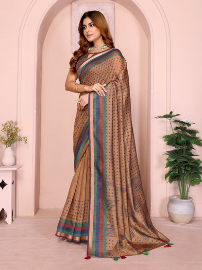 Mustard Brown Chanderi Cotton Saree with Polka Print Border for Women