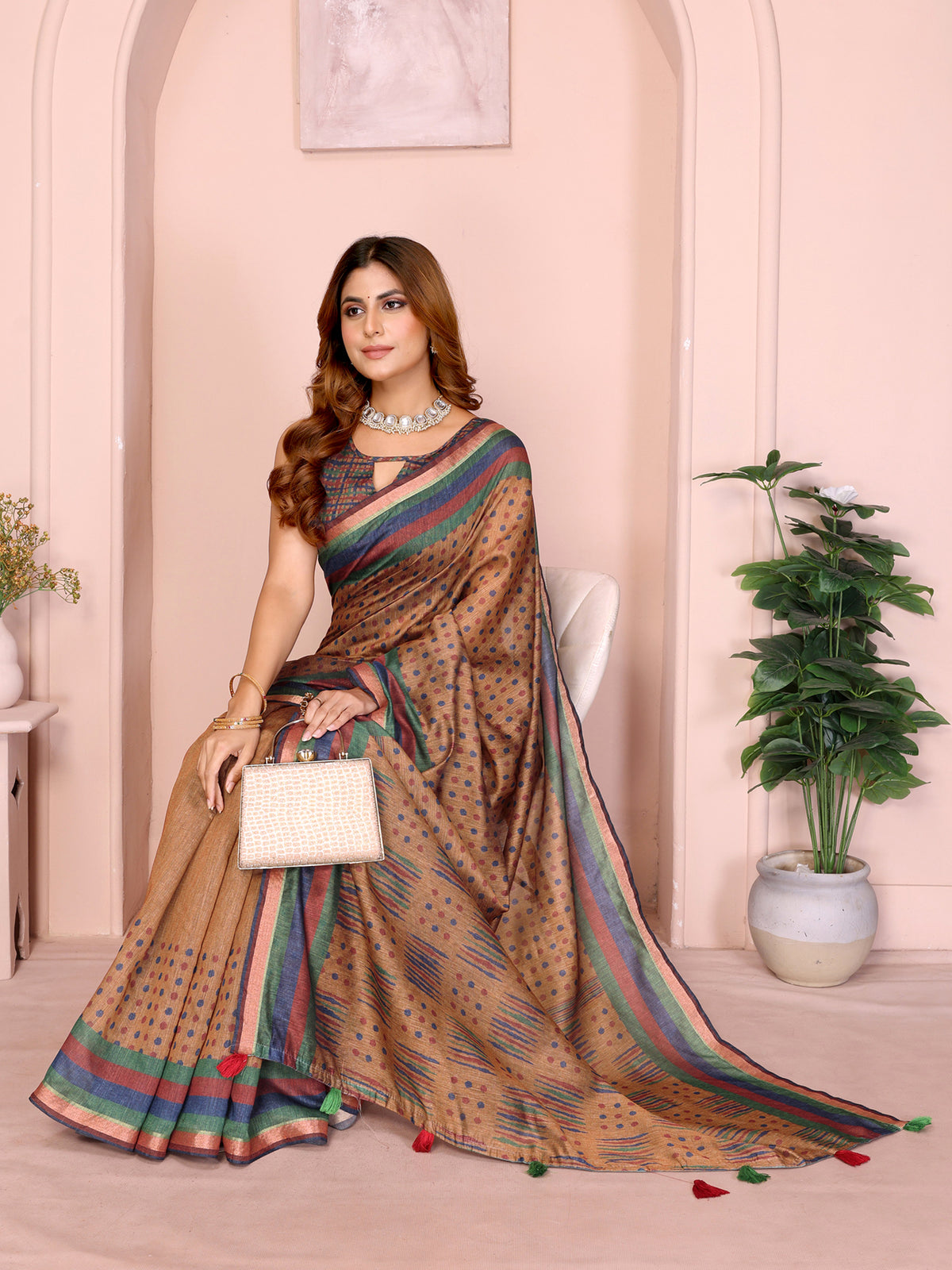 Mustard Brown Chanderi Cotton Saree with Polka Print Border for Women