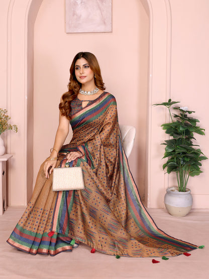 Mustard Brown Chanderi Cotton Saree with Polka Print Border for Women