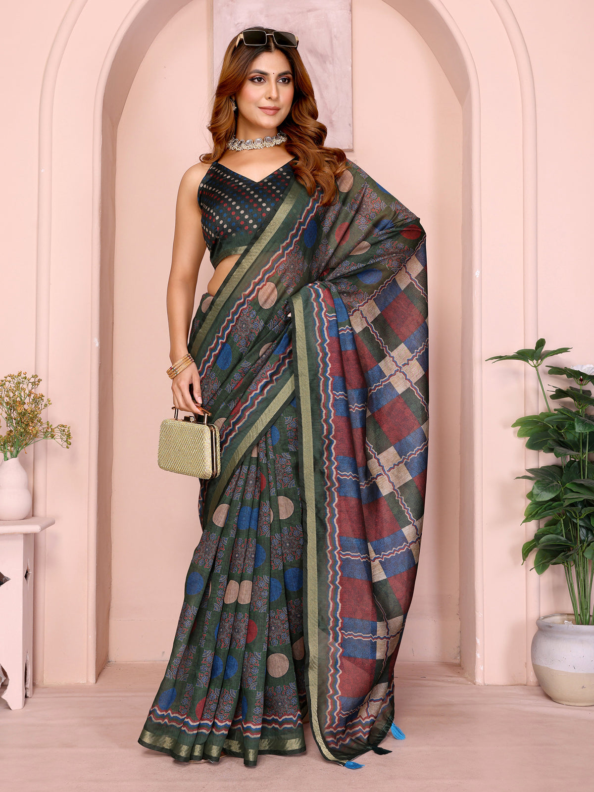 Olive Green Chanderi Cotton Saree with Printed Pallu Design for Women