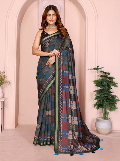 Olive Green Chanderi Cotton Saree with Printed Pallu Design for Women