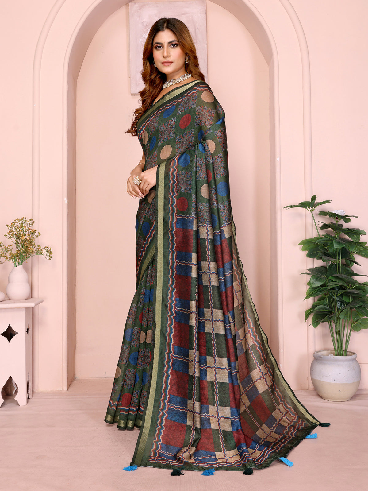 Olive Green Chanderi Cotton Saree with Printed Pallu Design for Women