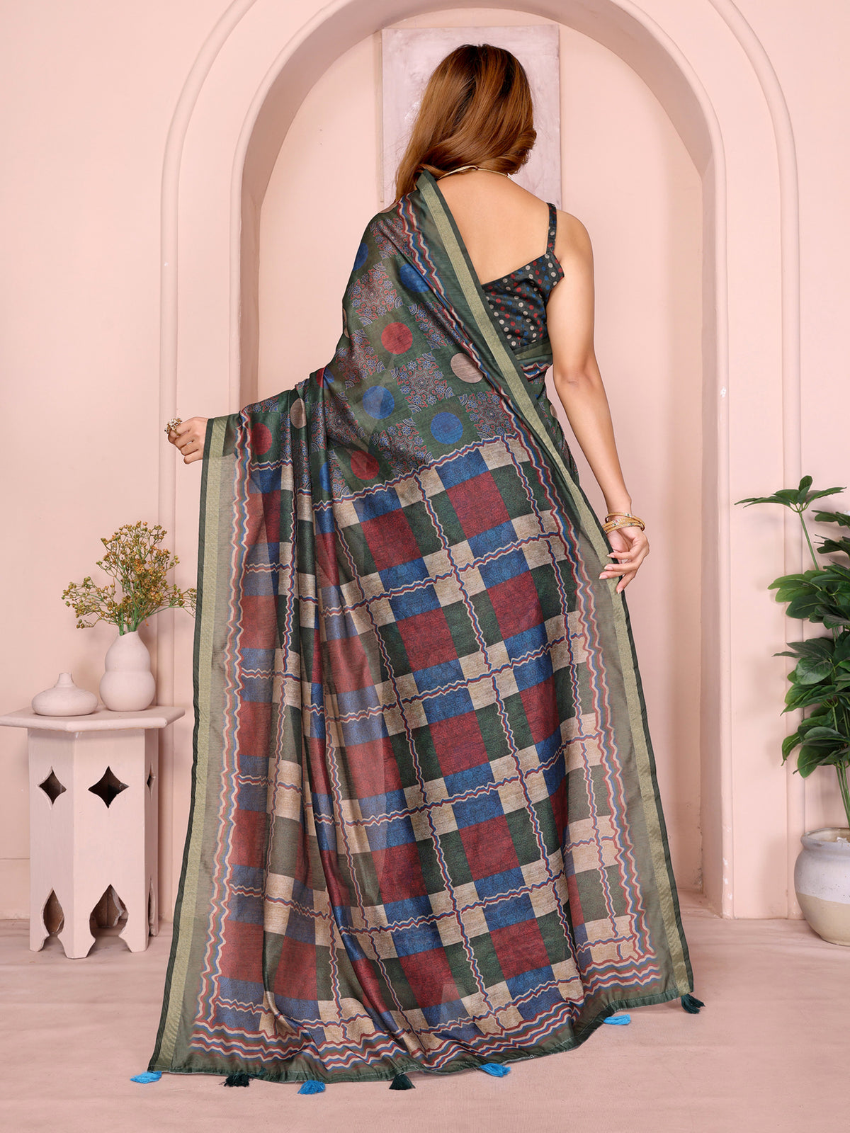 Olive Green Chanderi Cotton Saree with Printed Pallu Design for Women