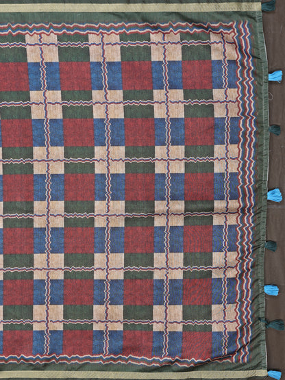Olive Green Chanderi Cotton Saree with Printed Pallu Design for Women