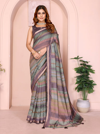 Pastel Checkered Chanderi Cotton Saree with Soft Border for Women