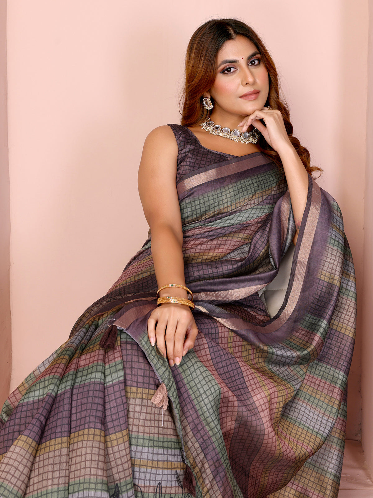 Pastel Checkered Chanderi Cotton Saree with Soft Border for Women