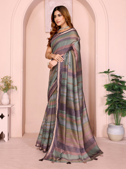 Pastel Checkered Chanderi Cotton Saree with Soft Border for Women