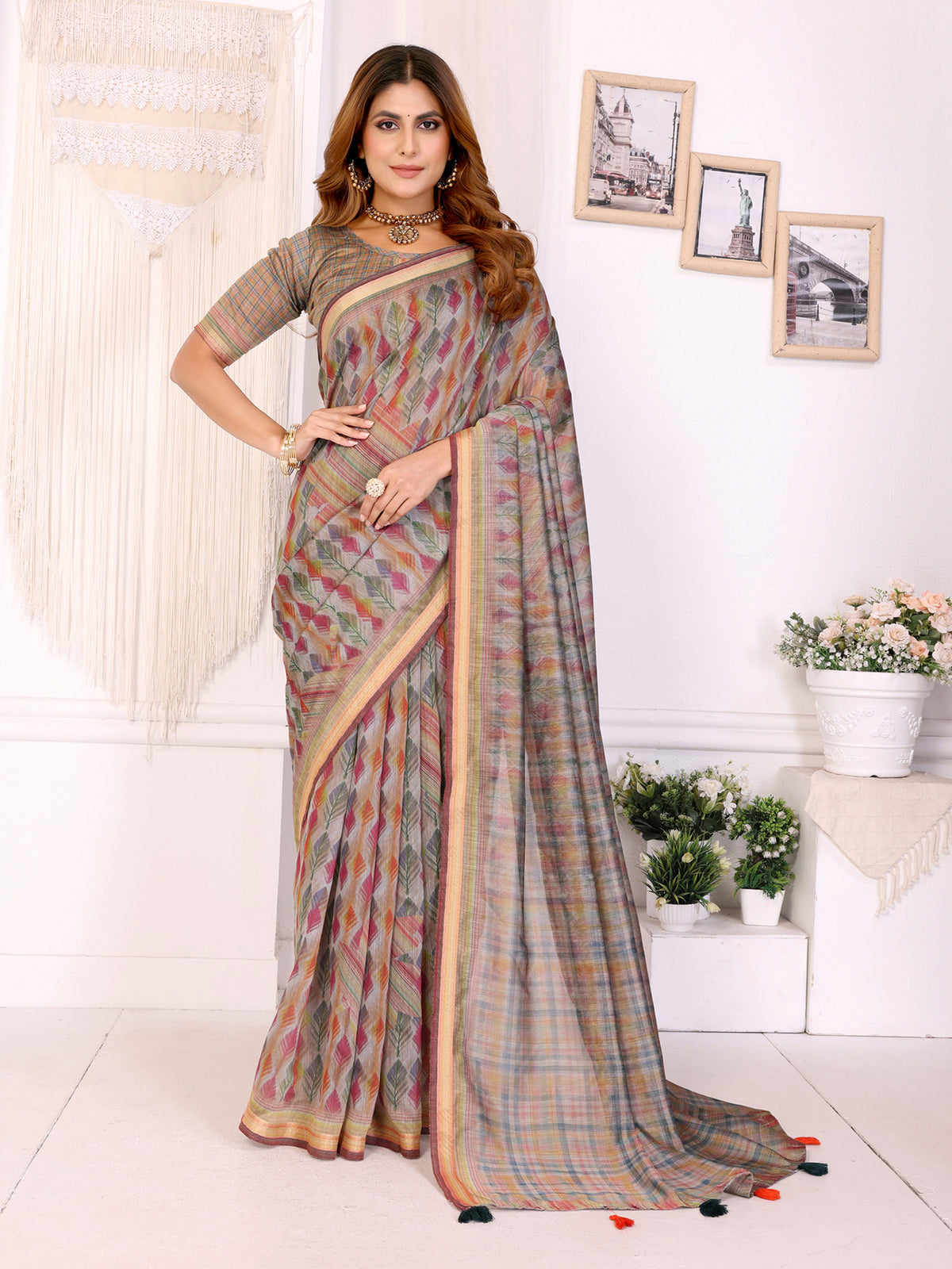 Multicolor Chanderi Cotton Saree with Artistic Leaf Pattern for Women