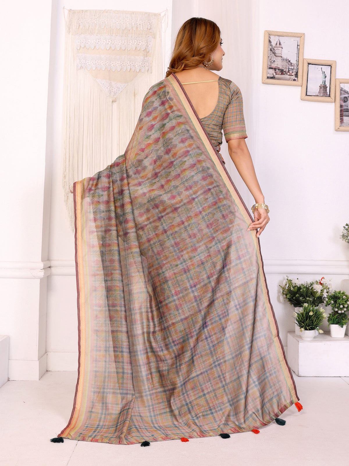 Multicolor Chanderi Cotton Saree with Artistic Leaf Pattern for Women