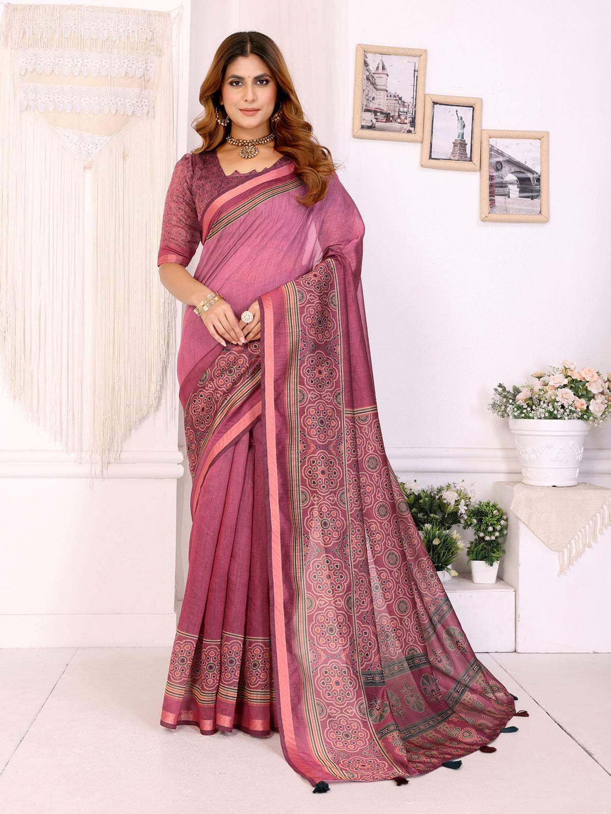 Wine Pink Printed Chanderi Cotton Saree with Elegant Border for Women