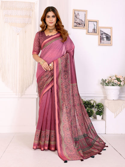 Wine Pink Printed Chanderi Cotton Saree with Elegant Border for Women