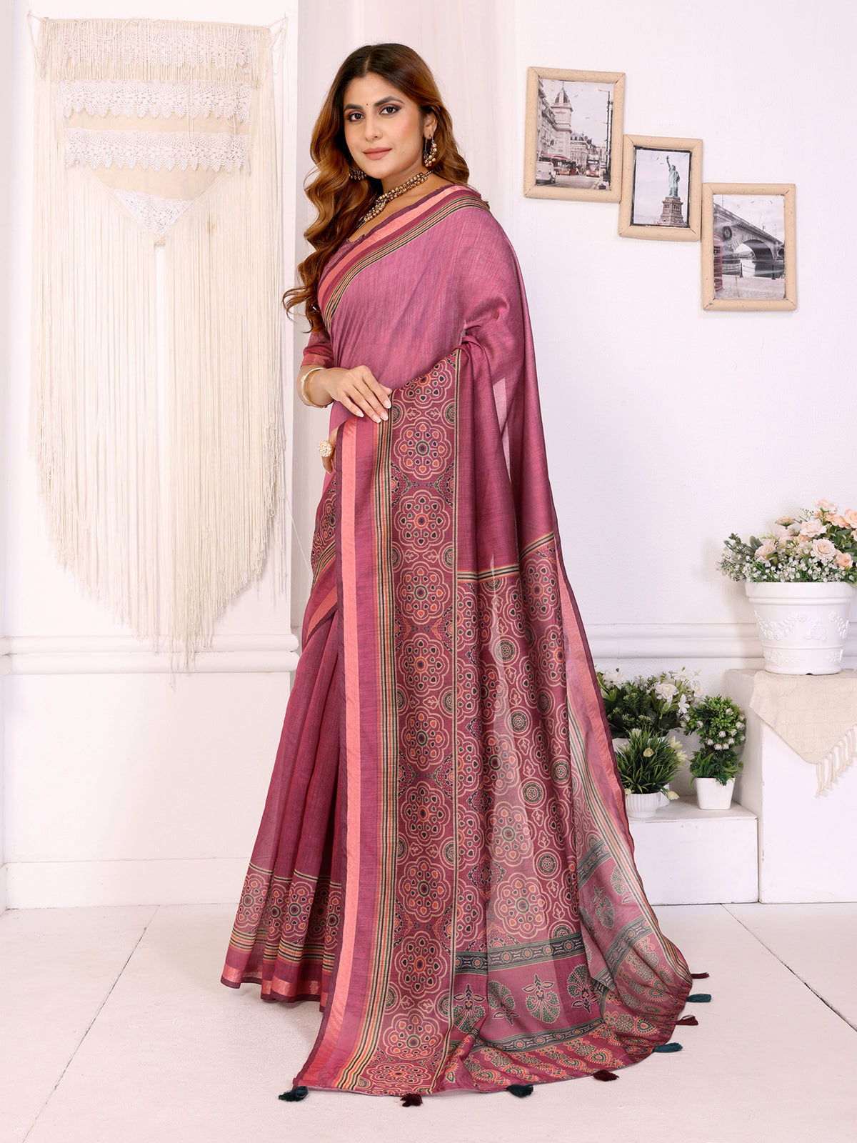 Wine Pink Printed Chanderi Cotton Saree with Elegant Border for Women