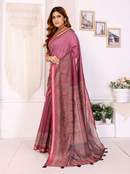 Wine Pink Printed Chanderi Cotton Saree with Elegant Border for Women