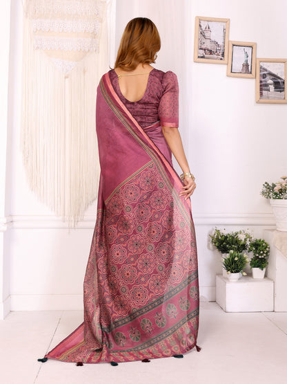 Wine Pink Printed Chanderi Cotton Saree with Elegant Border for Women