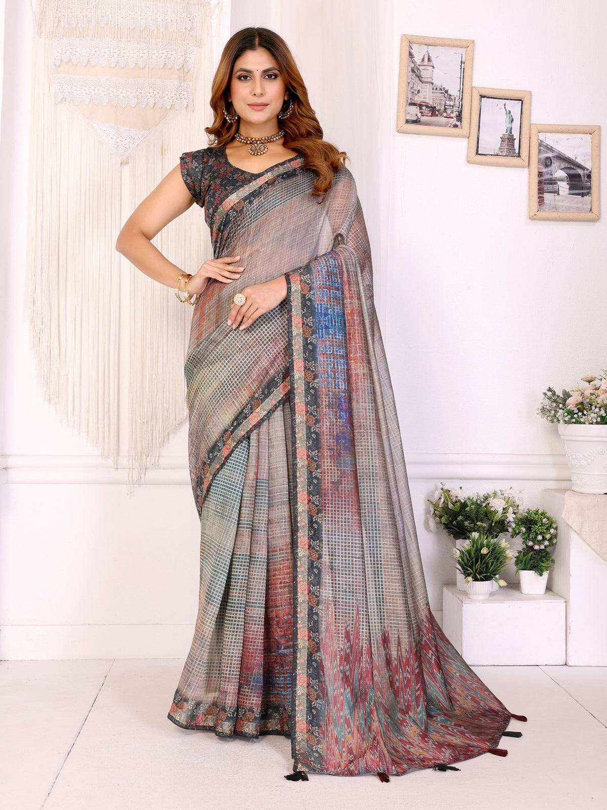 Elegant Black Chanderi Cotton Saree with Multicolor Prints. for Women