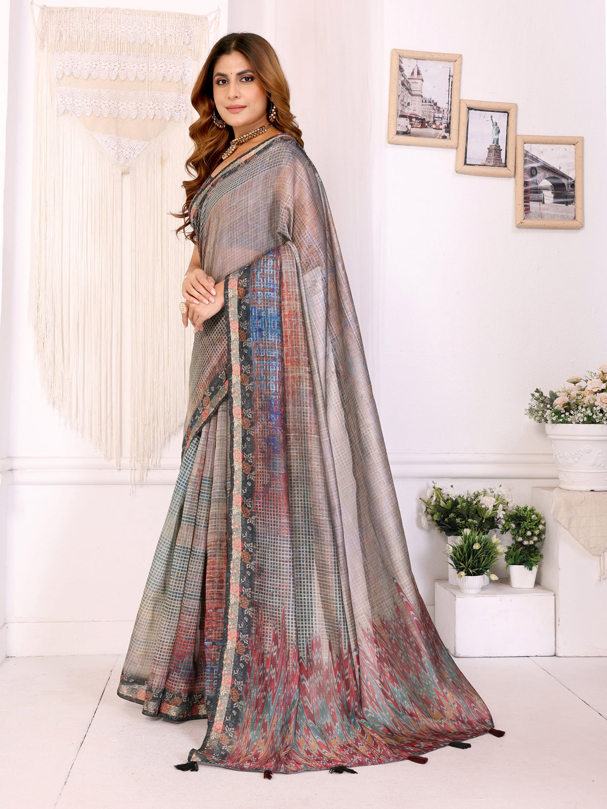 Elegant Black Chanderi Cotton Saree with Multicolor Prints. for Women