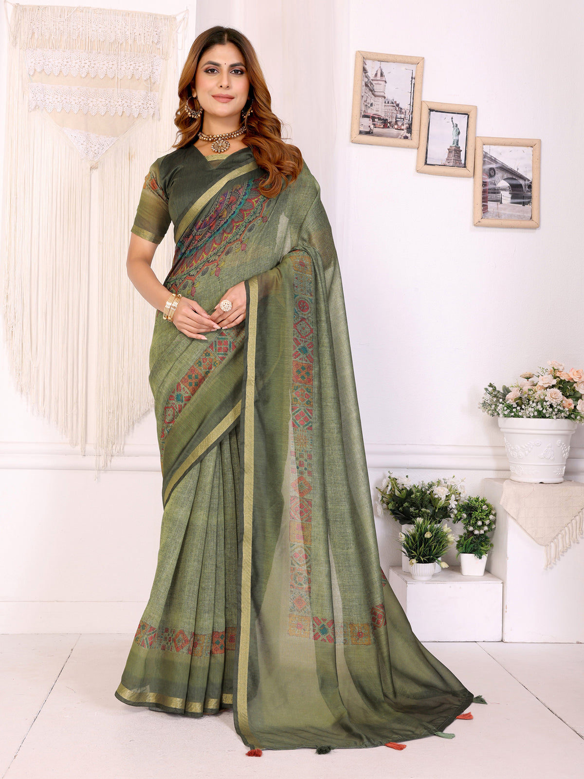 Olive Green Chanderi Cotton Saree with Printed Motif Border for Women