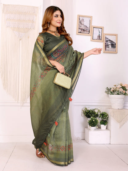 Olive Green Chanderi Cotton Saree with Printed Motif Border for Women