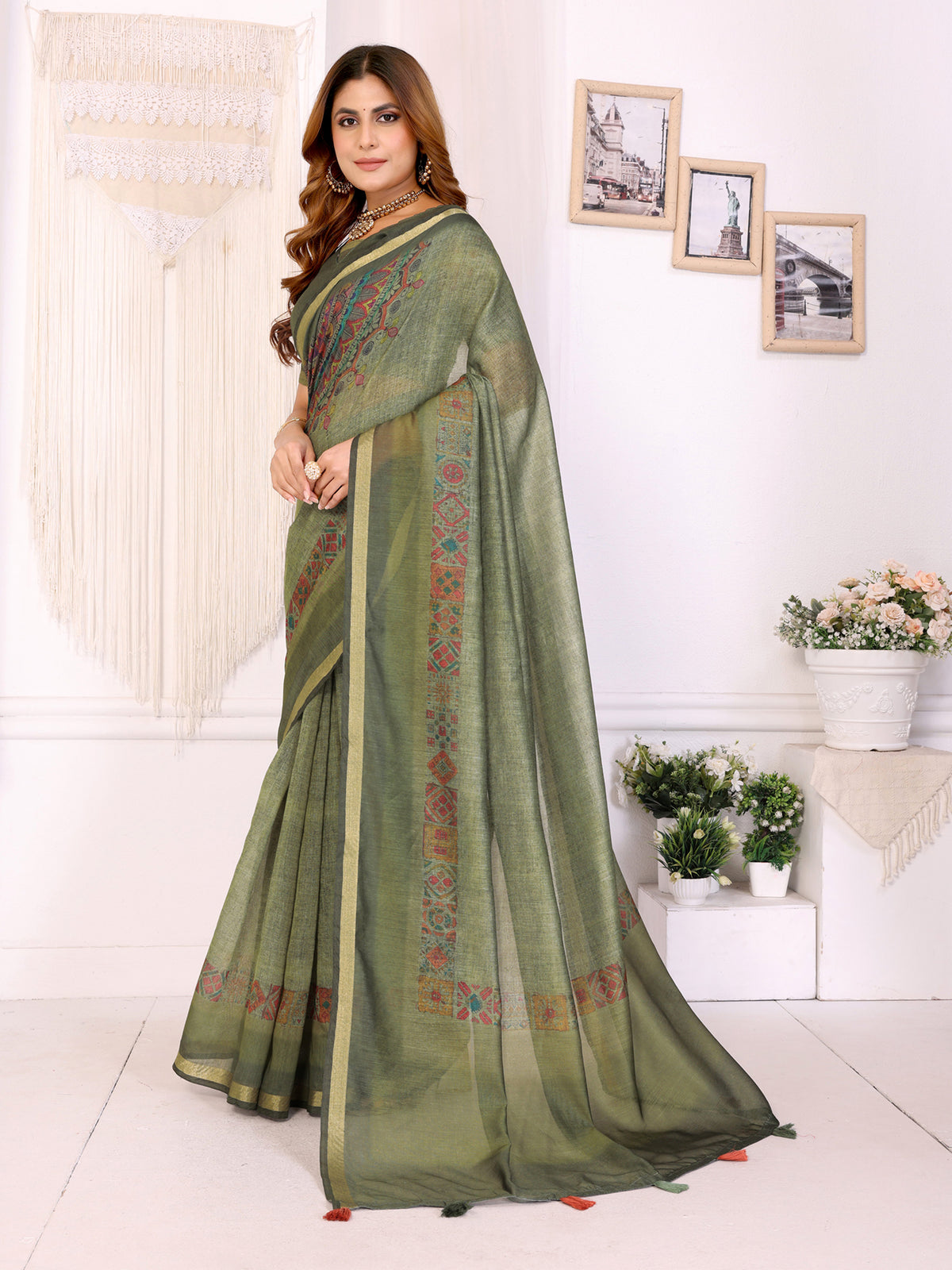 Olive Green Chanderi Cotton Saree with Printed Motif Border for Women