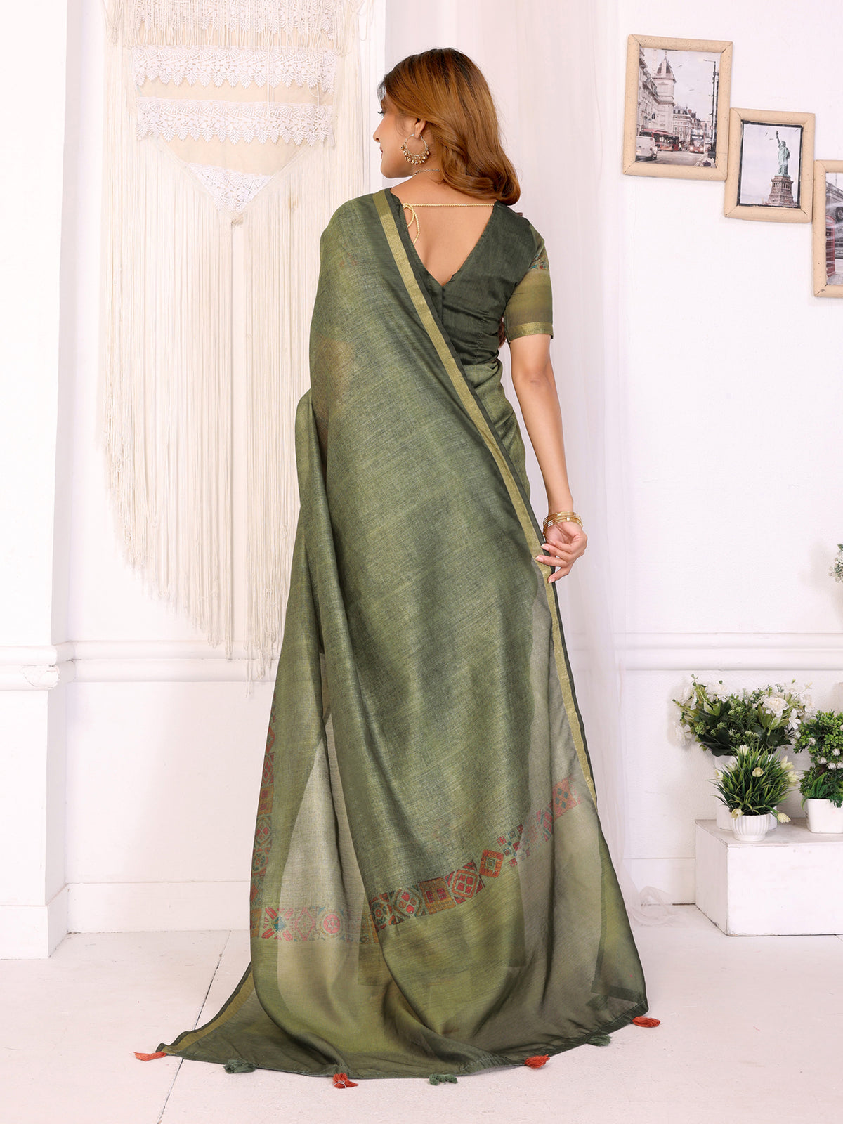 Olive Green Chanderi Cotton Saree with Printed Motif Border for Women