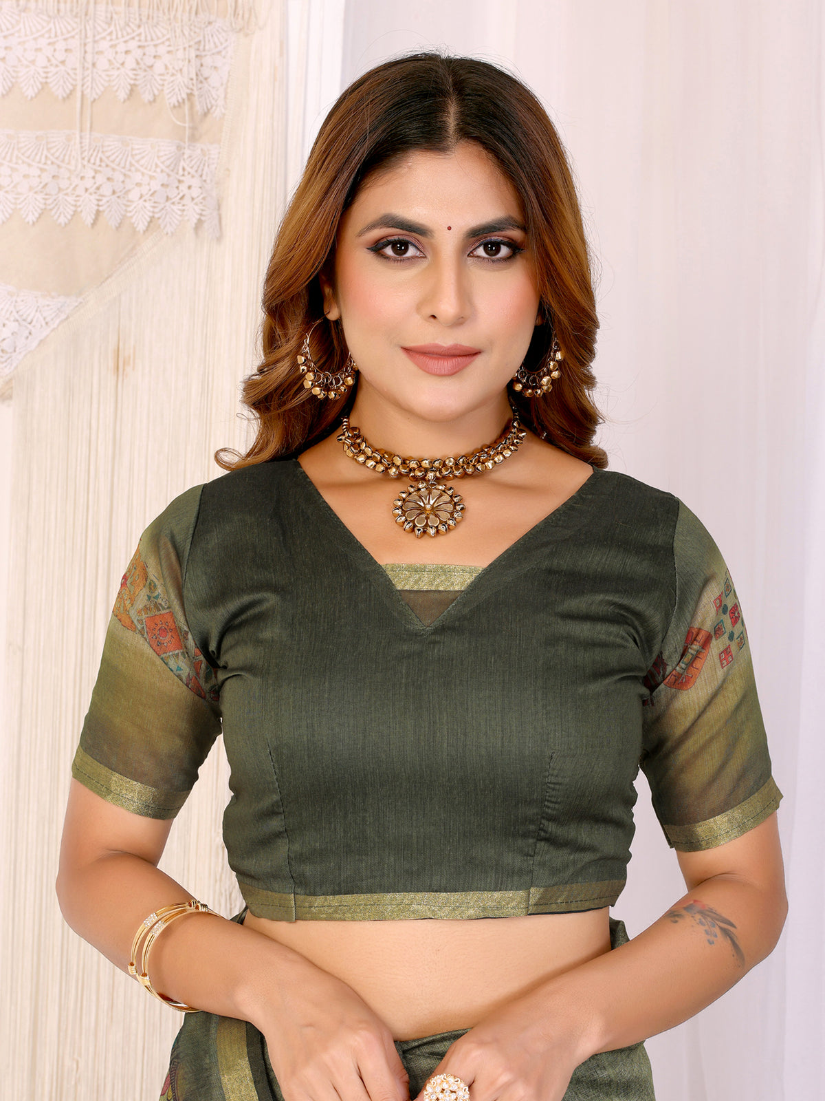 Olive Green Chanderi Cotton Saree with Printed Motif Border for Women