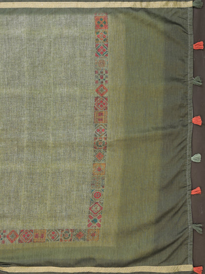 Olive Green Chanderi Cotton Saree with Printed Motif Border for Women