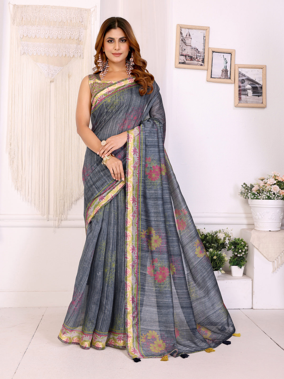 Slate Grey Chanderi Cotton Saree with Floral Printed Border for Women
