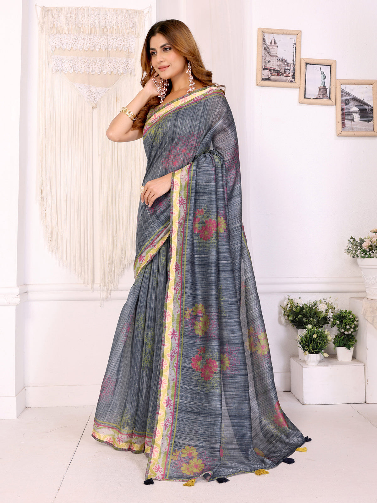 Slate Grey Chanderi Cotton Saree with Floral Printed Border for Women