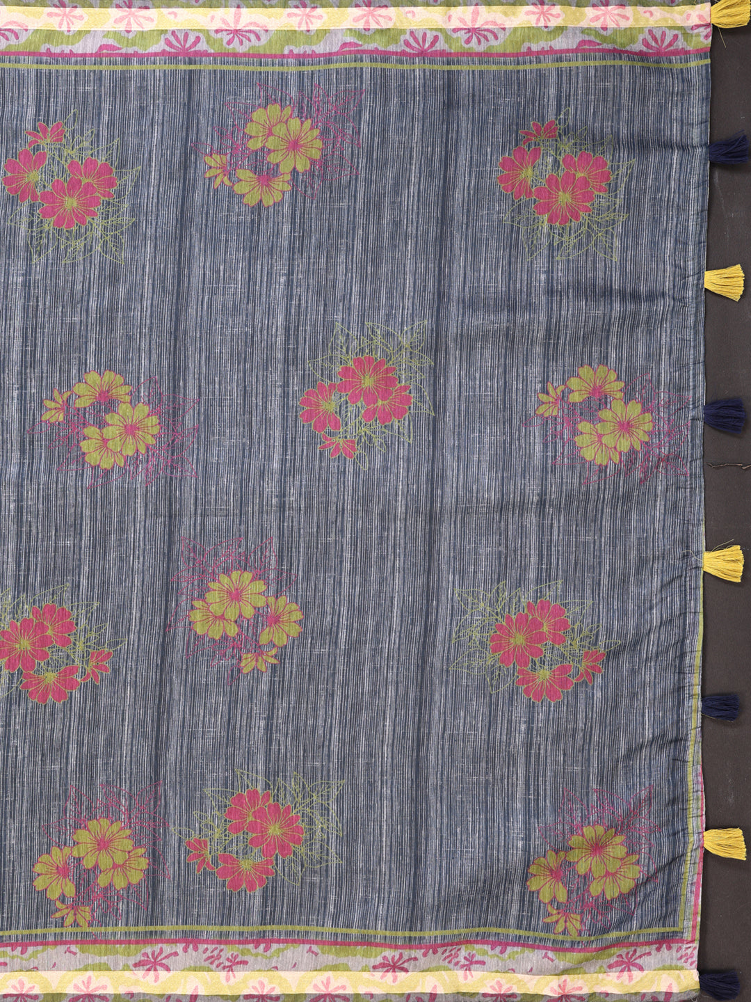 Slate Grey Chanderi Cotton Saree with Floral Printed Border for Women