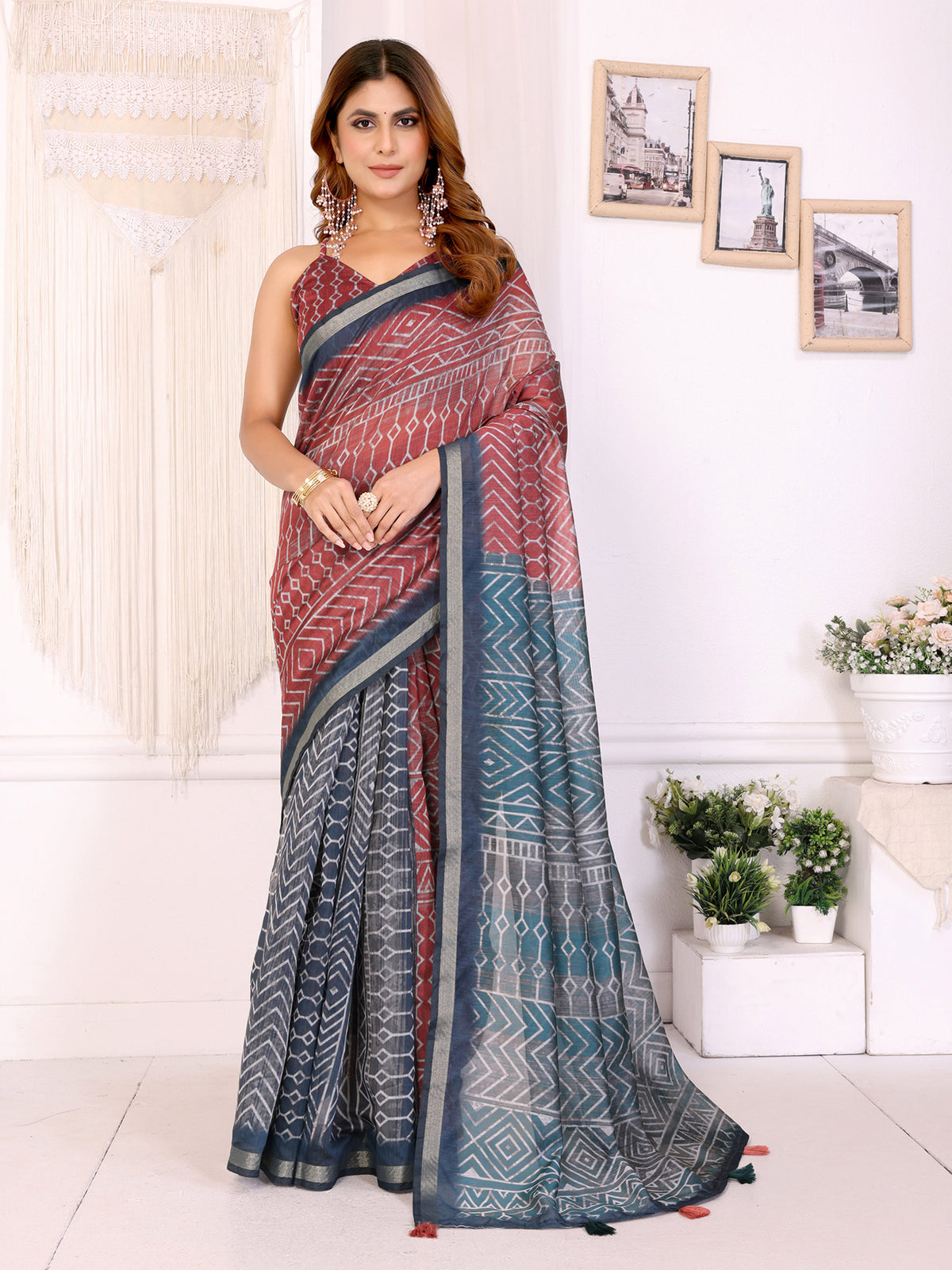 Black Chanderi Cotton Saree with Multicolor Geometric Print for Women