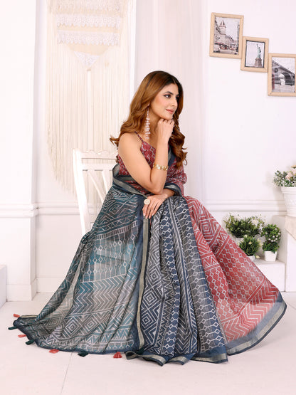 Black Chanderi Cotton Saree with Multicolor Geometric Print for Women